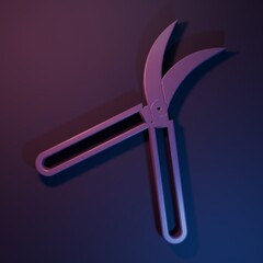 Purple Gardening handmade scissors for trimming icon isolated on purple-blue background. Pruning shears with wooden handles. Minimalism concept. 3D render illustration