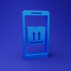 Blue Mobile smart phone with app delivery tracking icon isolated on blue background. Parcel tracking. Minimalism concept. 3D render illustration