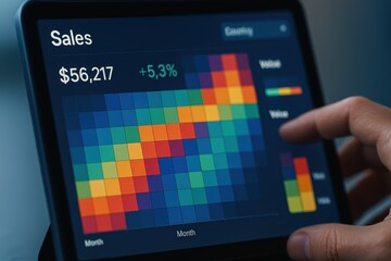 Hand Interacting with Colorful Sales Data on Tablet Displaying Numeric Revenue Insights