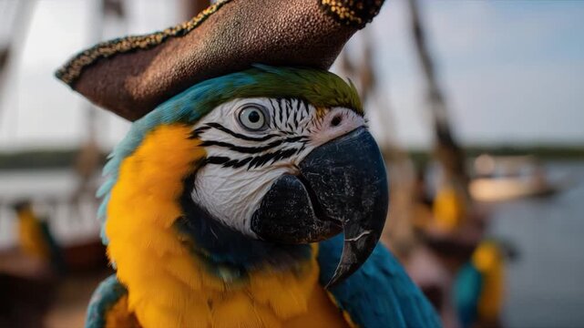 Blue and gold macaw parrot with pirate hat on its head perched outdoors with blurred background of water and trees