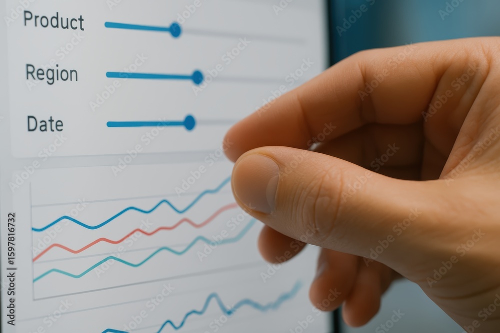Poster hand adjusting data visualization with graphs for product analysis in business environment