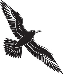 Black and White Silhouette of a Flying Seagull Bird Illustration Isolated on White Background