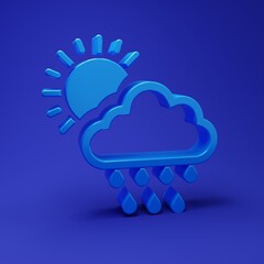 Blue Cloud with rain and sun icon isolated on blue background. Rain cloud precipitation with rain drops. Minimalism concept. 3D render illustration
