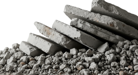 Pile of broken concrete slabs and rubble material textures isolate construction