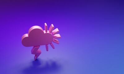Pink Storm icon isolated on purple-blue background. Cloudy with lightning and sun sign. Weather icon of storm. Minimalism concept. 3D render illustration