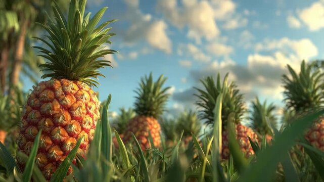 Close up view of several ripe pineapples growing in a field with green grass and palm trees against a blue sky with