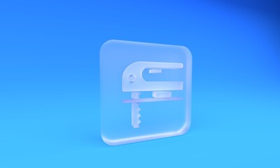 Frosted glass Electric jigsaw with steel sharp blade icon isolated on blue background. Power tool for woodwork. Square frosted glass button. 3D render illustration