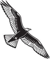 Black and White Silhouette of a Flying Seagull Bird Illustration Isolated on White Background
