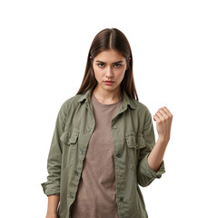 Determined young woman clenches fist in defiance, expressing a strong emotion and resolve against challenges or injustice with a serious facial expression