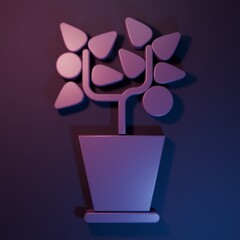 Purple Plant in pot icon isolated on purple-blue background. Plant growing in a pot. Potted plant sign. Minimalism concept. 3D render illustration