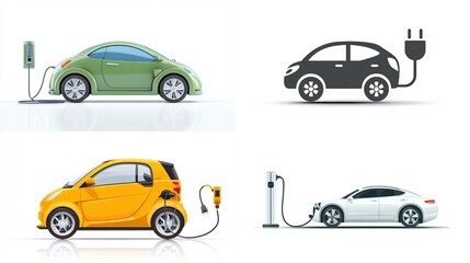 Four electric vehicles at charging stations, two realistic and two silhouettes