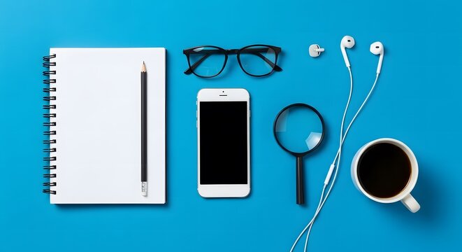 Overhead view of a desk with a notebook phone magnifying glass and coffee.