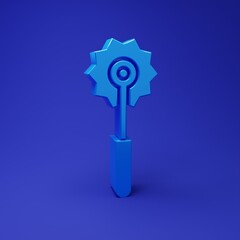 Blue Pizza knife icon isolated on blue background. Pizza cutter sign. Steel kitchenware equipment. Minimalism concept. 3D render illustration