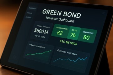 Green Bond Issuance Dashboard with ESG Metrics and Financial Data Displayed on Tablet Screen
