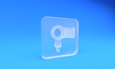 Frosted glass Hair dryer icon isolated on blue background. Hairdryer sign. Hair drying symbol. Blowing hot air. Square frosted glass button. 3D render illustration