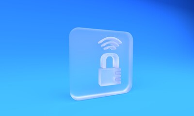 Frosted glass Smart safe combination lock icon isolated on blue background. Combination padlock. Security, safety, protection, password, privacy. Square frosted glass button. 3D render illustration