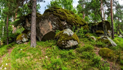 Moss-covered rocks in a lush forest