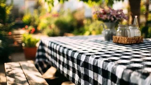 Black and white checkered tablecloth on a wooden picnic table with jars and blurred flowers in a lush green garden