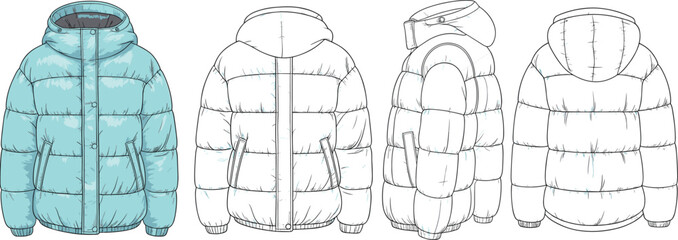 Puffer jacket CAD drawing, flat vector fashion illustration with hood, zipper front, dual pocket views, side and back variations © Sagor Creatives