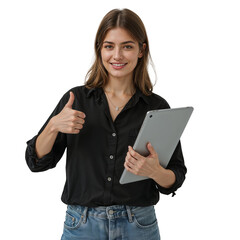 Cheerful young woman with tablet giving thumbs up gesture and smiling, offering positive feedback, suggesting approval and success