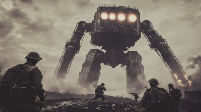 Soldiers confronting war machine