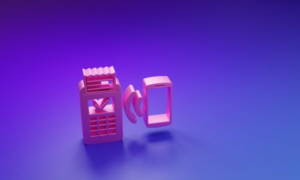 Pink POS terminal with printed reciept and confirms the payment by smartphone icon isolated on purple-blue background. NFC payment concept. Minimalism concept. 3D render illustration