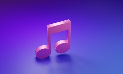 Pink Music note, tone icon isolated on purple-blue background. Minimalism concept. 3D render illustration