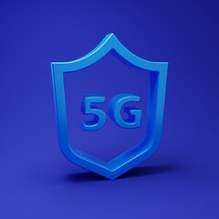 Blue Protective shield 5G wireless internet wifi icon isolated on blue background. Global network high speed connection data rate technology. Minimalism concept. 3D render illustration