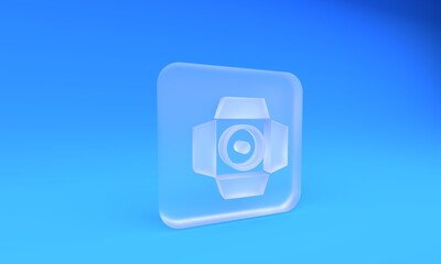 Frosted glass Movie spotlight icon isolated on blue background. Light Effect. Scene, Studio, Show. Square frosted glass button. 3D render illustration