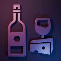 Purple Wine bottle with glass and cheese icon isolated on purple-blue background. Romantic dinner. Minimalism concept. 3D render illustration