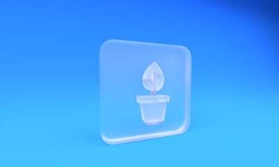Frosted glass Plant in pot icon isolated on blue background. Plant growing in a pot. Potted plant sign. Square frosted glass button. 3D render illustration