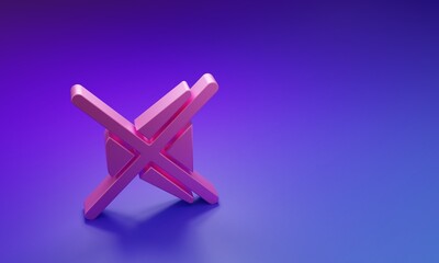 Pink Speaker mute icon isolated on purple-blue background. No sound icon. Volume Off symbol. Minimalism concept. 3D render illustration