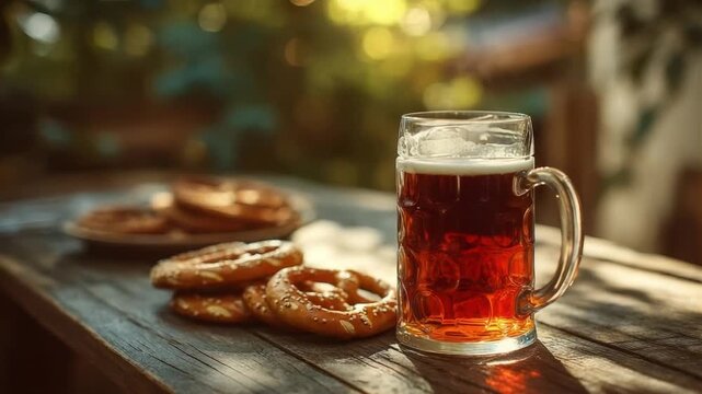 A full mug of dark beer with white foam on a rustic wooden table accompanied by several salted pretzels
