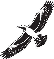 Black and White Silhouette of a Flying Seagull Bird Illustration Isolated on White Background