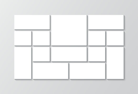 Scrapbook moodboard template. Mosaic picture square frame grid. Portfolio images mockup. Album brandboard. Photo collage layout. Mood board background. Retro photoframe. Vector illustration