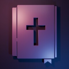 Purple Holy bible book icon isolated on purple-blue background. Minimalism concept. 3D render illustration