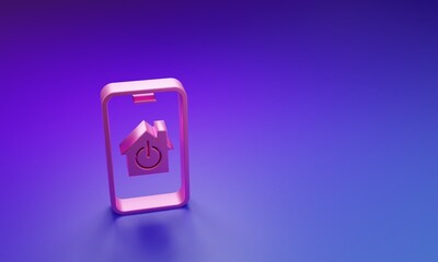 Pink Mobile phone with smart home icon isolated on purple-blue background. Remote control....