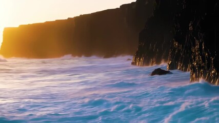 Dramatic ocean waves crashing against a dark cliff face at sunset