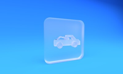 Frosted glass Pickup truck icon isolated on blue background. Square frosted glass button. 3D render illustration