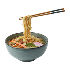 Delicious ramen noodles being lifted by chopsticks from a bowl