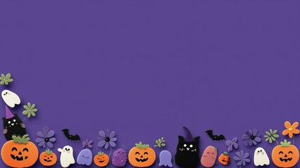 Purple Halloween PowerPoint Background Template: Pumpkins Witch Hat Spider Web Candy Corners, Blank Text Space Right