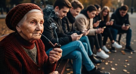 Fototapeta premium Elderly old person different generation enjoying the life and smoking a pipe while young people surfing with smartphone intensively