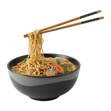 Delicious asian noodles being lifted with chopsticks from a bowl
