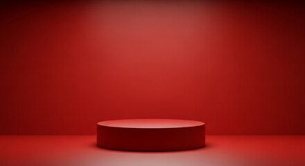 A cylindrical red podium stands centered against a matching red background, creating a seamless display