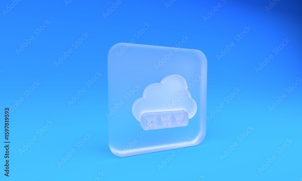 Poster Frosted glass Software, web development, programming concept icon on blue background. Programming language and program code on screen laptop. Square frosted glass button. 3D render illustration