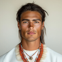 Indigenous man portrait shows handsome native person with detailed beaded necklace. Indigenous man with traditional markings poses in front of neutral background.
