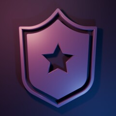 Purple Police badge icon isolated on purple-blue background. Sheriff badge sign. Shield with star symbol. Minimalism concept. 3D render illustration