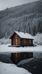 Small Wooden Cabin in Snowy Winter Landscape