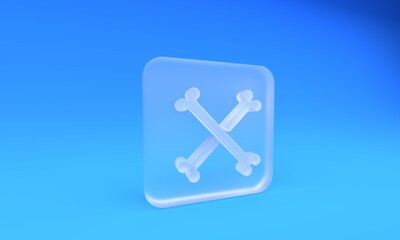 Frosted glass Crossed human bones icon isolated on blue background. Square frosted glass button. 3D...
