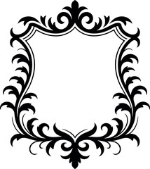 Black ornate floral shield frame with swirling decorative elements vector